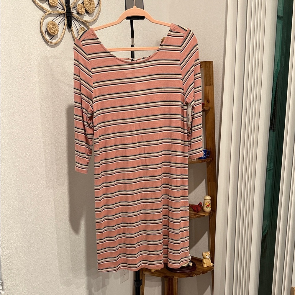 Pink Lily Striped Sleeved Dress in Pink and Black
